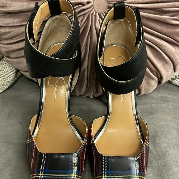 Jessica Simpson Cassiya Blue Plaid Ankle Strap Pumps - Picture 5 of 8